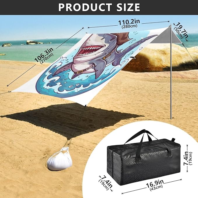 ALAZA Pirate Shark Cartoon Beach Tent Sun Shelter UPF50+ Protection Beach Shade Canopy w/ 4 Sandbags for Outdoor Camping Fishing Backyard Fun Picnic 10x9 ft