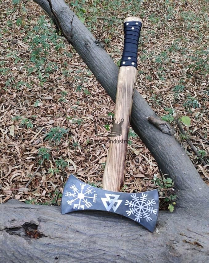 Handmade High Carbon Steel Double Edge Viking Axe - Valhalla Axe with Sheath - Viking Hatchet - Hunting Axe - Ash Wood Handle by Empire Industry