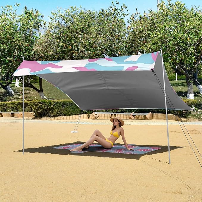 Sky Blue Foldable Beach Canopy UPF50+ Lightweight Portable Sun Shelter with Sandbags &amp Sand Shovel for Backyard and Camping