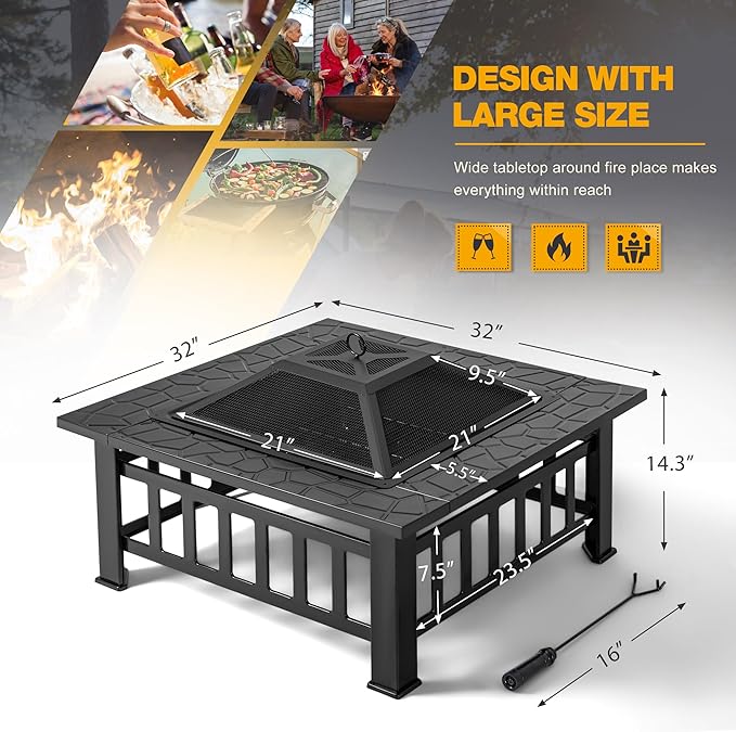 Devoko Outdoor Fire Pit 32 Inch Firepit Table Metal Outdoor Fireplaces with Waterproof Cover for Outside Patio Camping (Black)