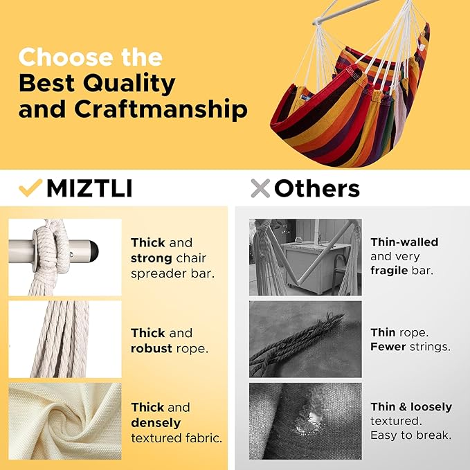 Miztli Hammock Chair with Hanging Chair Cover – Max 500 Lbs Steel Spreader Bar with Anti-Slip Rings Comfortable Indoor &amp Outdoor Hanging Chair – Includes Protective Waterproof Cover (57x45.5 in)