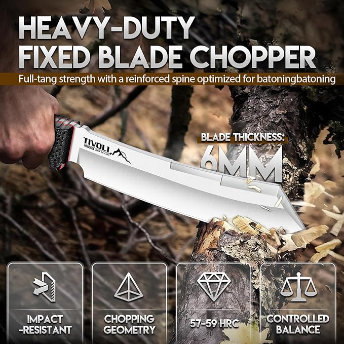 TIVOLI Heavy Duty Fixed Blade Chopper Knife Full Tang Outdoor Knife with 440C Steel Thick Spine Sheath Included for Camping Bushcraft Wood Processing