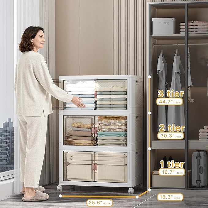 UAMFURI Stackable Storage Bins with Lids 336QT Closet Organizers and Storage with Doors and Wheels Extra Large Storage Cabinet Collapsible Plastic Drawers for Bedroom Dorm Office Garage