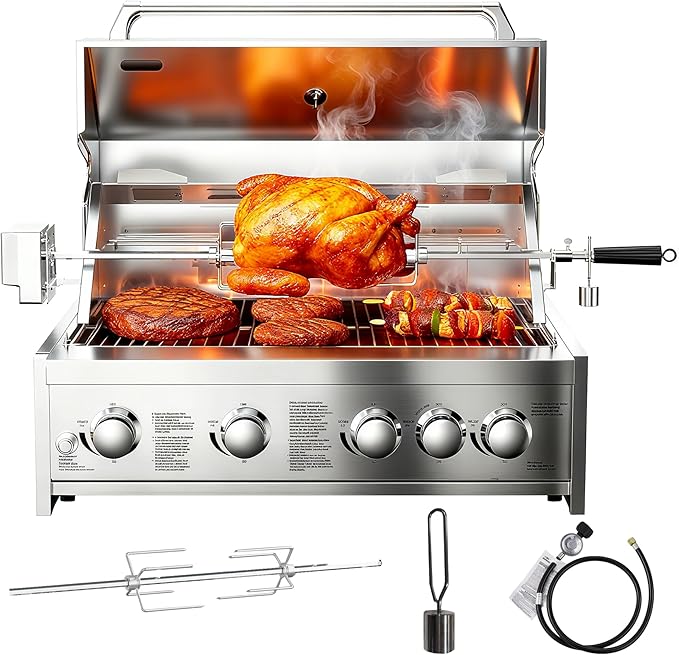 BODEGA 5 Burner Built In Gas Grill Island Head Stainless Steel 30 Inch Propane Grill with Rear Burner 58000 BTUs 988.5 SQ In Racks Dual Fuel Compatibility Gas Grill Outdoor Cooking BBQ Fork Kit.