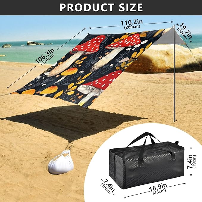 ALAZA Floral Mushroom Cute Beach Tent Sun Shelter Portable Canopy Sunshade for Outdoor Camping Picnics Backyard Fun 10x9 ft