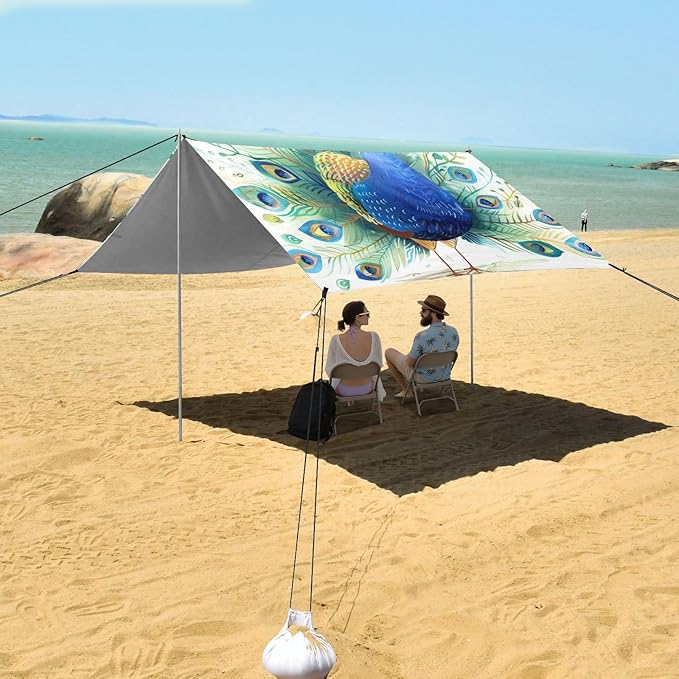 ALAZA Beatiful Peacock Beach Tent Sun Shelter Portable Canopy Sunshade for Outdoor Camping Picnics Backyard Fun 10x9 ft