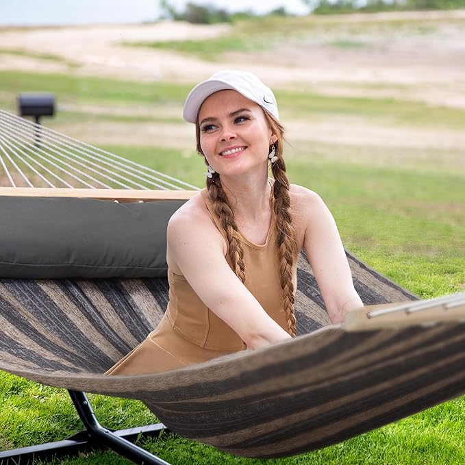 SUNCREAT Hammock with Stand 2 Person Heavy Duty Freestanding Hammock with Spreader Bar Soft Pillow Gray Stripes