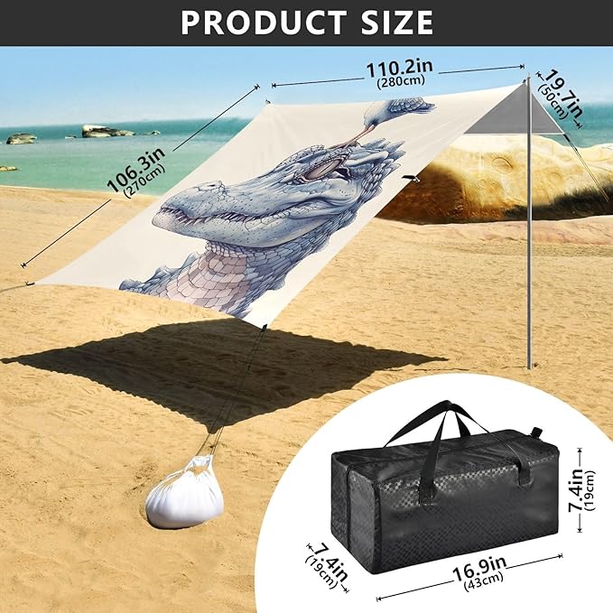 ALAZA Alligator and Bird Beach Tent Sun Shelter UPF50+ Protection Beach Shade Canopy w/ 4 Sandbags for Outdoor Camping Fishing Backyard Fun Picnic 10x9 ft