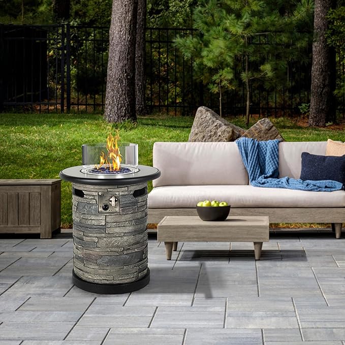 BAIDE HOME Outdoor Propane Fire Pit Table Round Porcelain Tile Top 22 Fire Bowl Column W/ 40000 BTU Firepit Table Auto-Ignition 400D Cover Glass Rocks for Outside Patio