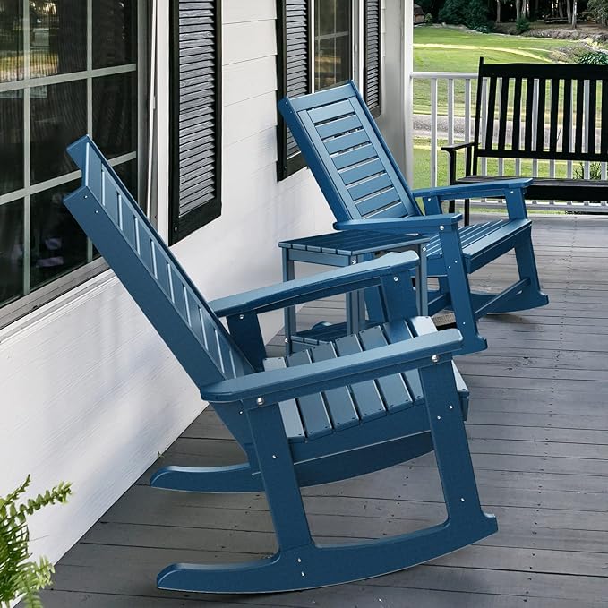 GREENVINES Outdoor Rocking Chairs | Set of 2 | Porch Rocker | HDPE Plastic | Blue | Oversized Rockers | High Back | Big &amp Tall | Ladder Back | for Patio Outside Backyard Balcony Garden