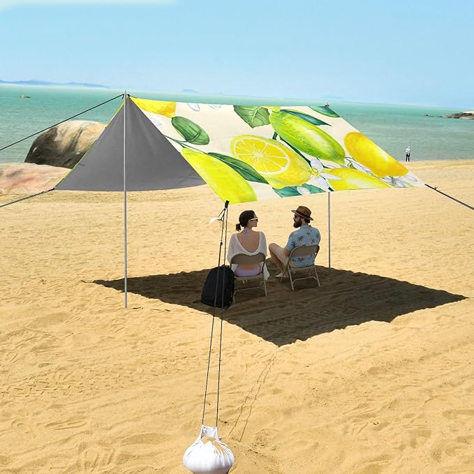 Beach Canopy with Windproof Ropes &amp Sandbags Beach Tent Sun Shade Sun Shelter for Camping Trips Fishing Backyard Fun or Picnics Lemon