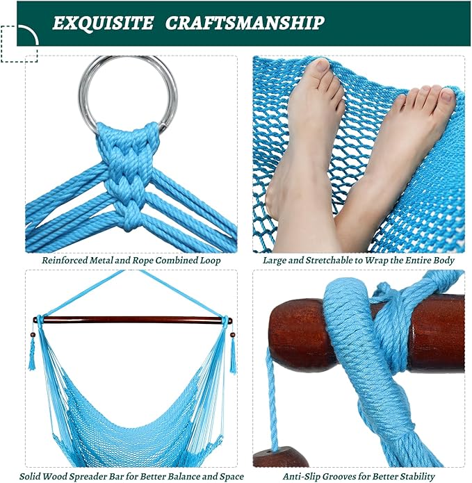 Caribbean Hammock Swing Chair with Spreader Bar Large Hammock Chair Hand Craft Rope Hanging Chair Outdoor Indoor Bedroom 330 LBS Weight Capacity Blue