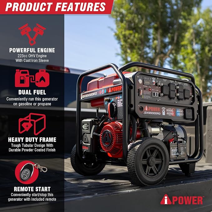 A-iPower 5000-Watt Remote Start Dual Fuel Portable Generator CO Sensor Shutdown Heavy Duty Generators with 223cc OHV Engine For Jobsite RV Home Backup Emergency(GXS5000RD)