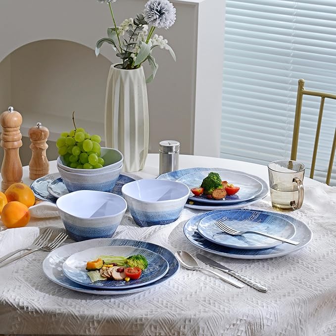 12PCS Melamine Dishes Set Blue Plates and Bowls Sets for Outdoor Camping EssentialsLightweight and Durable Just Stack them directly in the Backpack