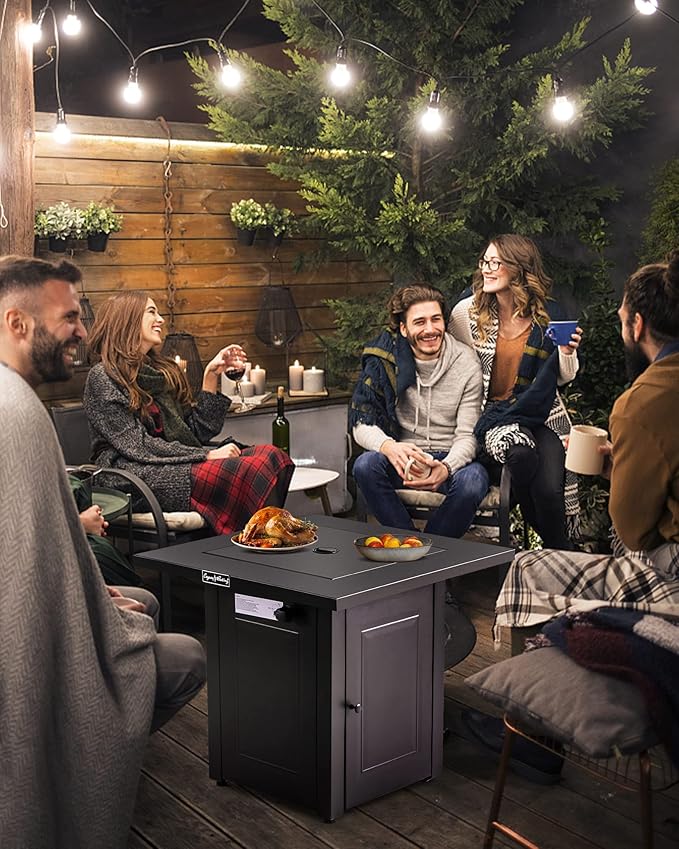 LEGACY HEATING 28-Inch Propane Fire Pit Table Gas Square Outdoor Fire Table Dinning with Lid Lava Stone 50000BTU ETL Certification for Outside Garden Backyard Deck Patio