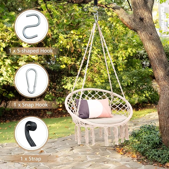Giantex Hammock Chair Macrame Swing - Hanging Chair with Cushion and Hardware Kit 330 LBS Weight Capacity Indoor Swing for Hammock Stand Patio Balcony Living Room Hammock Swing (Beige)