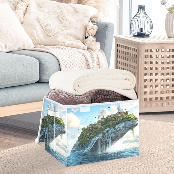 Storage Cube with Lid Surreal Whale Print 16.5×12.6×11.8 IN Collapsible Large Capacity Foldable Storage Basket Bin Organizer