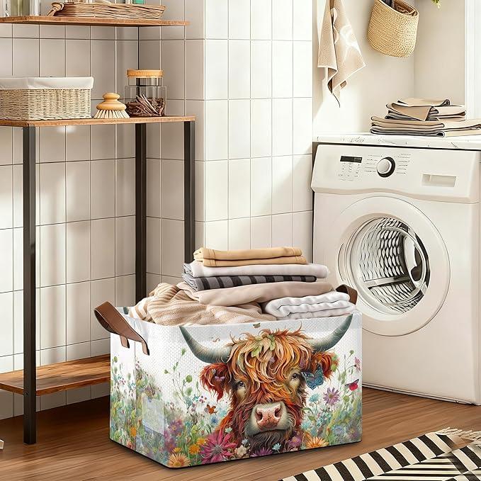 Flower Highland Cow Storage Bins with Handles Collapsible Storage for Clothes Gift Basket Blankets &amp Closet Organization