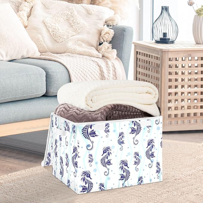 susiyo Large Foldable Storage Bin with Flip-Top Lid Blue Seahorse Storage Box Collapsible Closet Organizer Containers Boxes Decorative Baskets with Handles for Home Bedroom Living Room Office