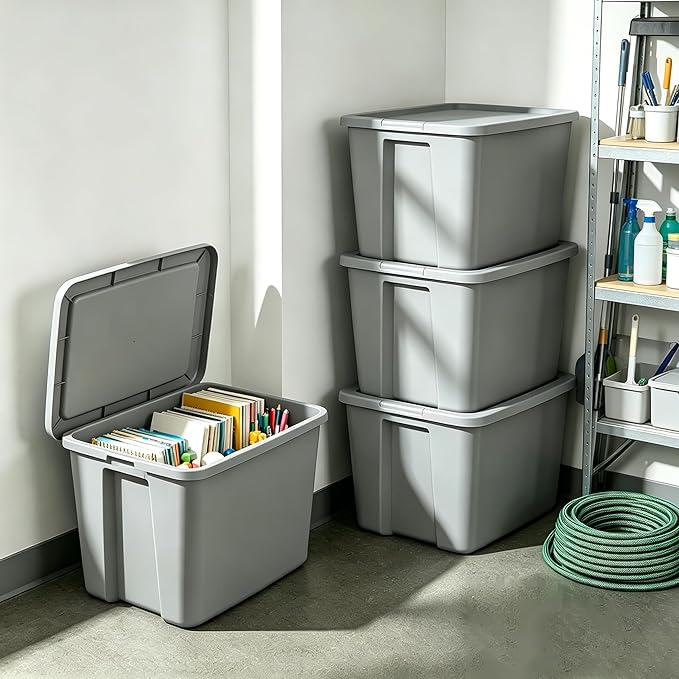 (2 Pack) 18 Gallon Gray Plastic Storage Bins with Snap-On Lids - Stackable Heavy-Duty Totes for Garage Closet Basement Attic &amp Home Organization