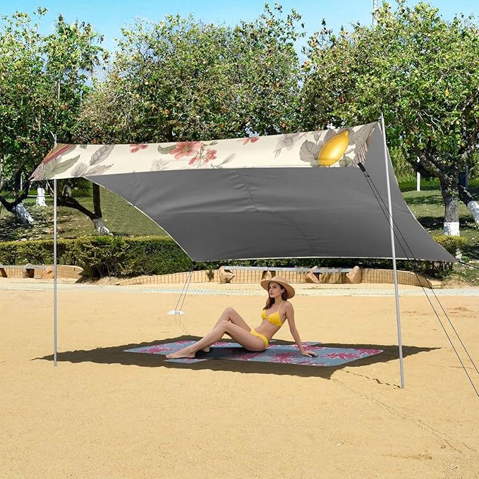 Lemon Floral and Birds Beach Tent Sun Shelter Set UPF50+ UV Protection 10.5 x 9.19 FT Camping Shade Canopy with Sandbags Sand Anchors Carrying Bag and Others