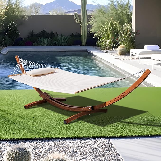 Lazy Daze Hammocks 12 FT 2 Person Double Quilted Hammock with Curved Steel Heavy Duty Stand and Pillow for Outside Backyard Patio 450 Lbs Capacity Cream
