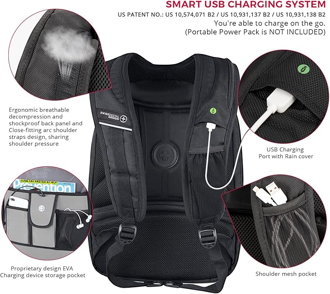 Swissdigital Design Large Travel Backpack For Men TSA-Friendly Business Laptop Backpack USB Charging PortRFID Protection Tech Backpack Fits 15.6Inch Laptop Black/Green | J16BTF-21