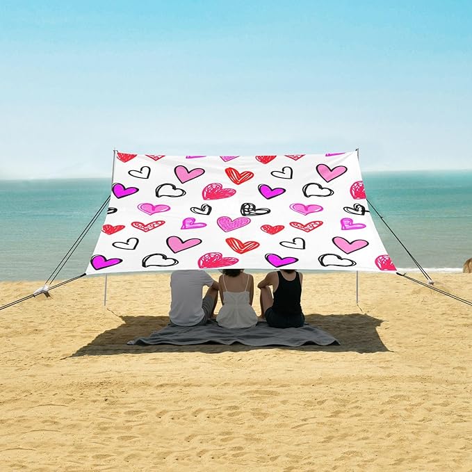 Beach Canopy with Windproof Ropes &amp Sandbags Beach Tent Sun Shade Sun Shelter for Camping Trips Fishing Backyard Fun or Picnics Heart