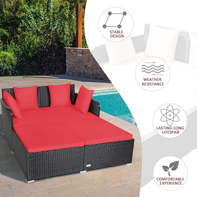 Tangkula Outdoor Rattan Daybed Sunbed Wicker Furniture w/Spacious Seat Upholstered Cushion &amp High-Resilience Sponge Wicker Patio Sofa Set w/Extra Pillows for Courtyard Poolside(Red)