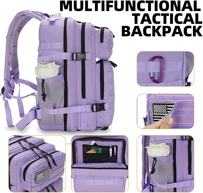 Lovelinks21 25L Tactical Backpack for Men and Women Military Backpack Small Assault Pack Molle Backpack Bug Out Bag Travel Rucksack Daypack (Light Purple)