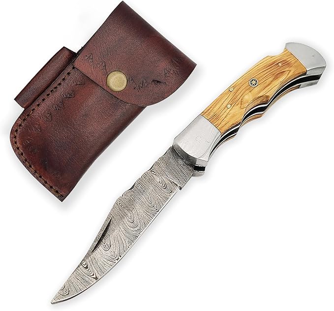 Handmade Damascus Steel EDC Knife Set: 8.5 Folding Knife w/Olivewood Handle Stainless Steel Accents &amp Handmade Leather Sheath