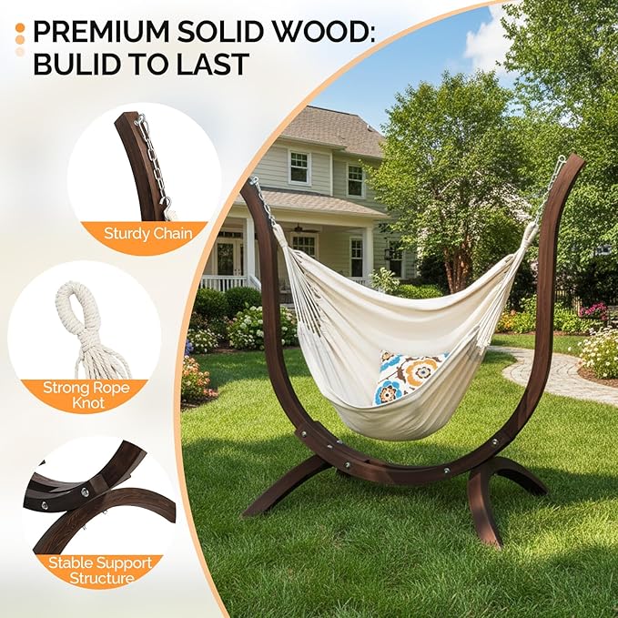 ONCLOUD Hammock Chair with Wooden Stand Curved Hanging Chair Set with Throw Pillow Portable Wooden Hammock Chair for Outdoors 330LBS (Carbonized)