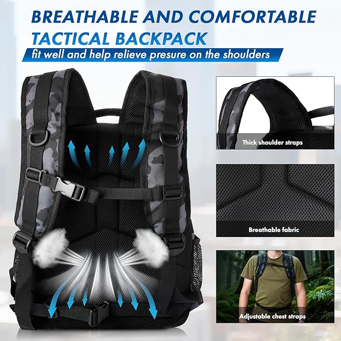 PLUSINNO Tactical Backpack 40L Water Resistant Military Backpack gym backpack for men Laptop Backpack Large MOLLE Tactical Bag 3-Day Bug Out Bag For Work Camping Hiking with Molle System