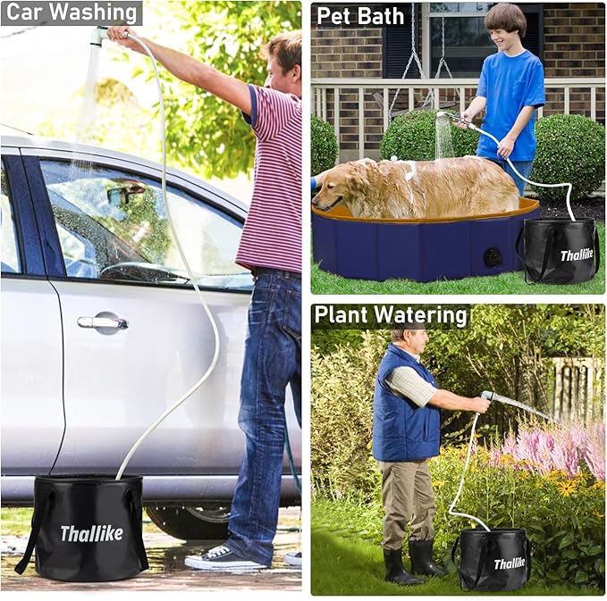 Portable Hot Shower for Camping Shower Tent Kit 1000W Immersion Heater Rechargeable Camping Shower Pump Pop Up Shower Tent with 6.6 Gallons Folding Bucket for Adults Outdoor