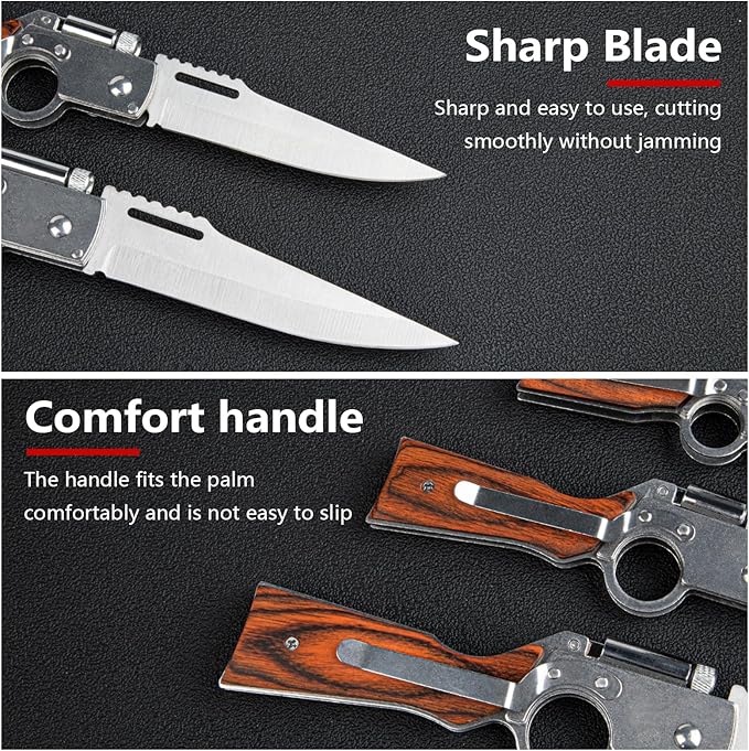 2 Pcs Pocket Knife Ak47 Folding Knife Stainless Steel Blade Lightweight Wooden Handle Gifts for Men