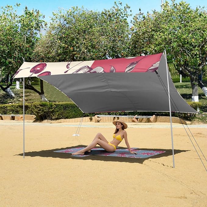ALAZA Retro Cherry Skull Beach Tent Sun Shelter UPF50+ Protection Beach Shade Canopy w/ 4 Sandbags for Outdoor Camping Fishing Backyard Fun Picnic 10x9 ft