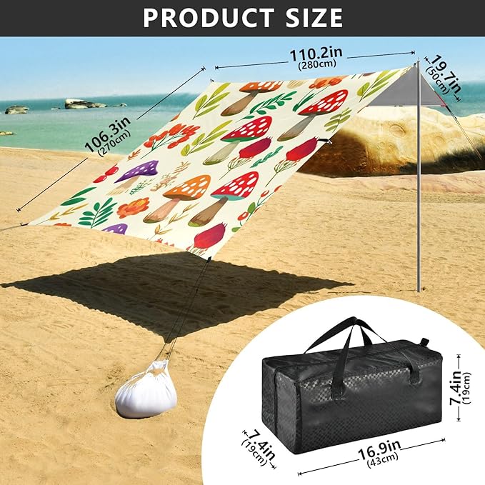 Beach Canopy with Windproof Ropes &amp Sandbags Beach Tent Sun Shade Sun Shelter for Camping Trips Fishing Backyard Fun or Picnics Mushroom