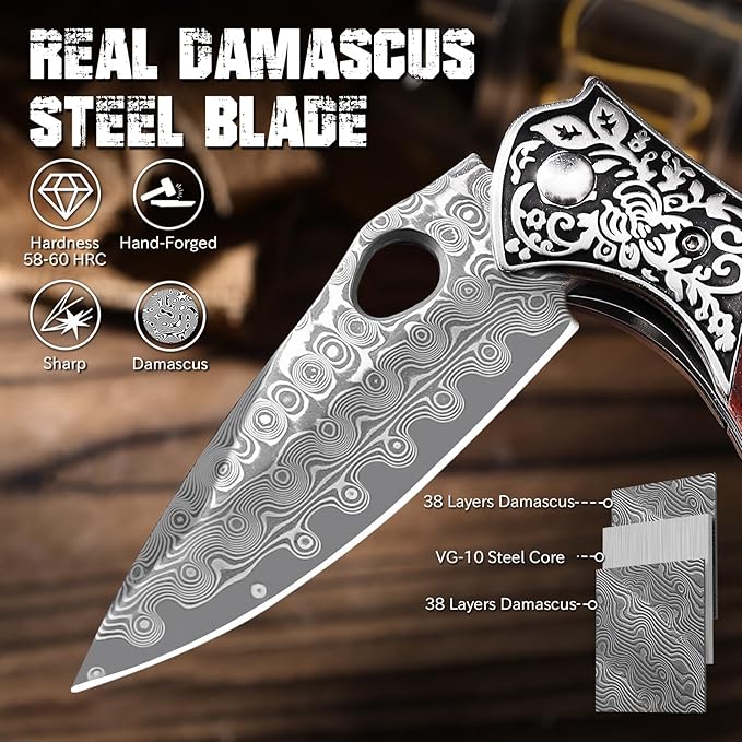 Damascus Pocket Knife for Men Wooden Handle and Sharp Damascus Steel Blade Folding Knives EDC Knifes for Outdoor Camping Hiking Collection