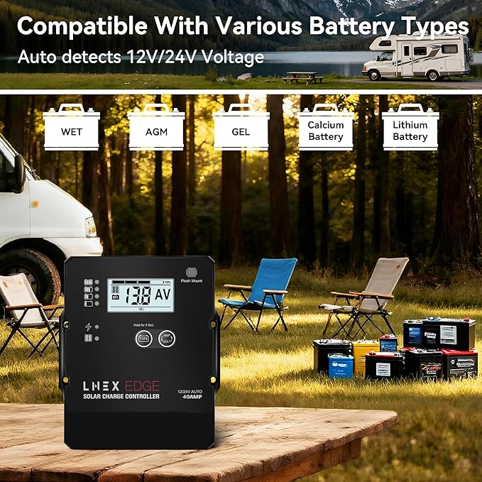 LNEX Solar Charge Controller with Flush Mount Design 6 Stage Charging with LCD Display 12V/24V Auto PWM Controller 40A for LiFePO4 AGM Gel Flooded and Lithium Battery