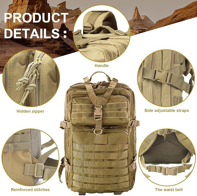 aiGear Tactical Backpack for Men 45L Military Backpack 3-Day Bug Out Bag for Camping Hiking Hunting with Molle System Army Daypack (45L Khaki)