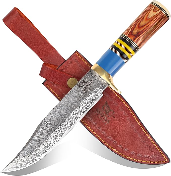 QEPAA CRAFTS® 12 Inch Handmade Steel Hunting Knife Hand Forged Damascus Steel Bowie KnifeFixed Blade Camping Knives for SkinningHuntingCampingHikingErgonomic Handle with holster-Gift for him