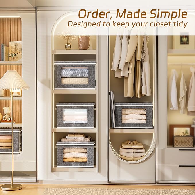 4-Pack Fabric Storage Bins with Lids Collapsible Closet Storage Bins with Clear Window Large Storage Boxes with Handles Closet Organizers for Shelves Wardrobe Grey 17X11.8×11.8