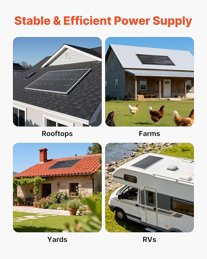 VEVOR 200W Monocrystalline Solar Panel 23% High-Efficiency Mono PV Module with Stable MC4 Output &amp Aluminum Frame IP65 Waterproof Solar Panel for Car Boat RV Flat Rooftop Off-Grid Applications