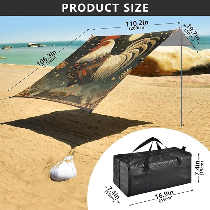 ALAZA Rooster Sun Star Beach Tent Sun Shelter Portable Canopy Sunshade for Outdoor Camping Picnics Backyard Fun 10x9 ft