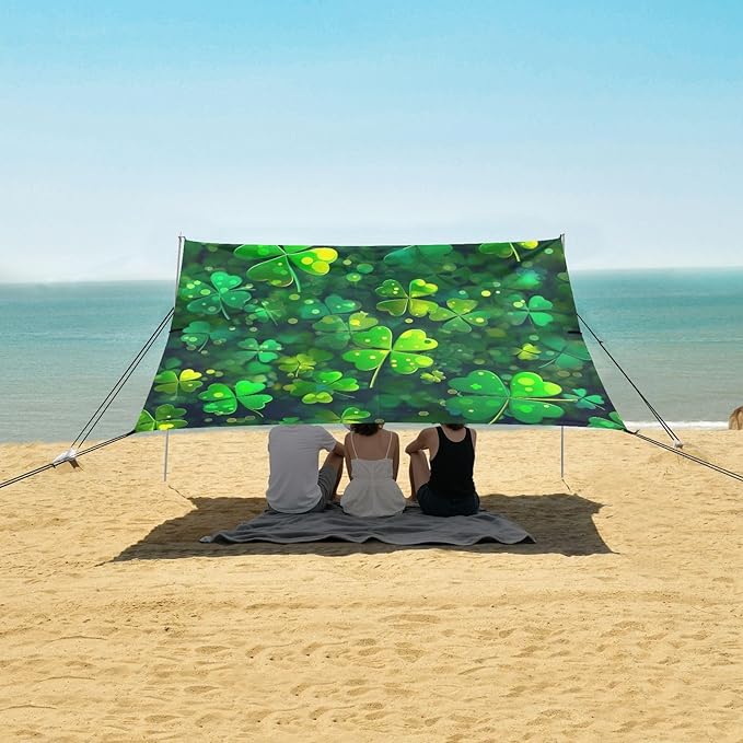 St Patrick's Day Clovers Beach Tent Sun Shelter Set UPF50+ UV Protection 10.5 x 9.19 FT Camping Shade Canopy with Sandbags Sand Anchors Carrying Bag and Others