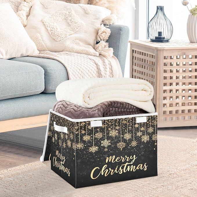 Gold Merry Christmas Storage Box with Lid 1 PC Foldable Storage Bin with Lids Stackable Storage Bins Cube Closet Organizer Basket with Flip-Top Lid &amp Handles for Shoes Books Towels