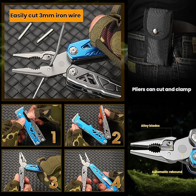 Multitool 15-in-1 Full-Size Lightweight EDC Multi-Purpose Pliers Multitools Camping Knives &amp Tools Tactical Outdoor Gear Mens Gifts Ideas Gifts for Hunters Men who have Everything (Blue)