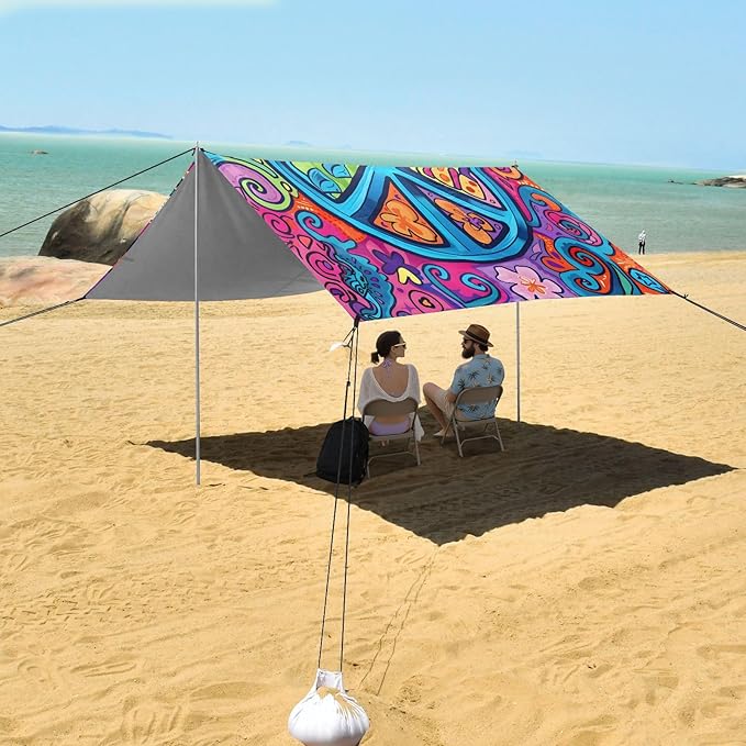 ALAZA Cute Peace Sign Beach Tent Sun Shelter UPF50+ Protection Beach Shade Canopy w/ 4 Sandbags for Outdoor Camping Fishing Backyard Fun Picnic 10x9 ft