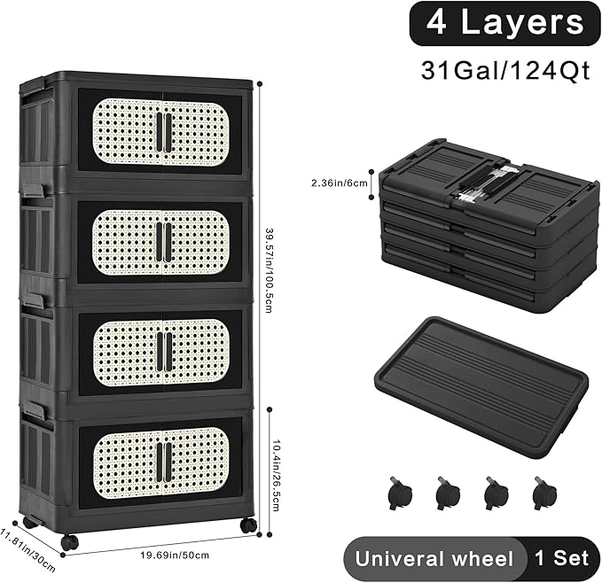 4 Tiers Folding Storage Cabinet20 Side Wide Stackable Storage Bins with Doors and Wheels Space Saving Plastic Cabinet for Living Room Office Dorm Retro Black