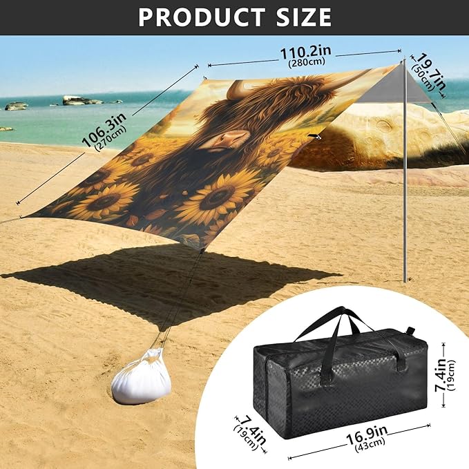 ALAZA Sunflower Bush High Ground Cow Beach Tent Sun Shelter Portable Canopy Sunshade for Outdoor Camping Picnics Backyard Fun 10x9 ft